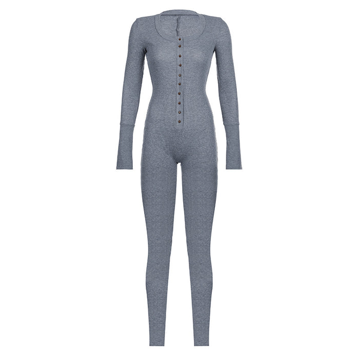 Color-Gray2-Sports Women Clothing Girls Street Solid Color Breasted Waist-Controlled Long Sleeves Knitted Short Romper Jumpsuit-Fancey Boutique