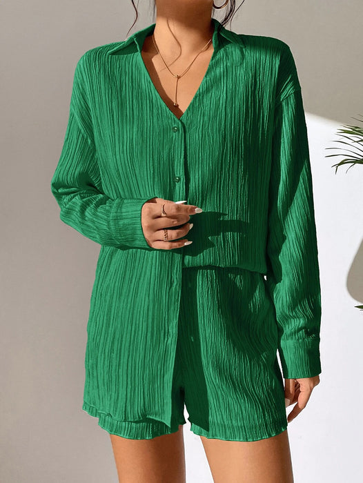 Color-Green-V neck Shirt Long Sleeve Shorts Casual Pleated Texture Women Suit-Fancey Boutique