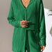 Color-Green-V neck Shirt Long Sleeve Shorts Casual Pleated Texture Women Suit-Fancey Boutique