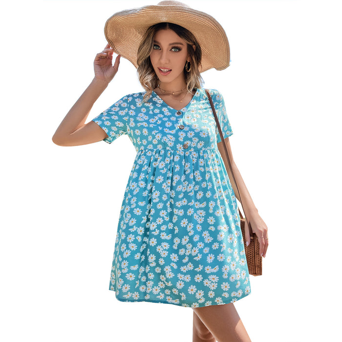 Women Clothing High Waist V neck Casual Vacation Printing Puff Sleeve Dress-Light Blue-Fancey Boutique
