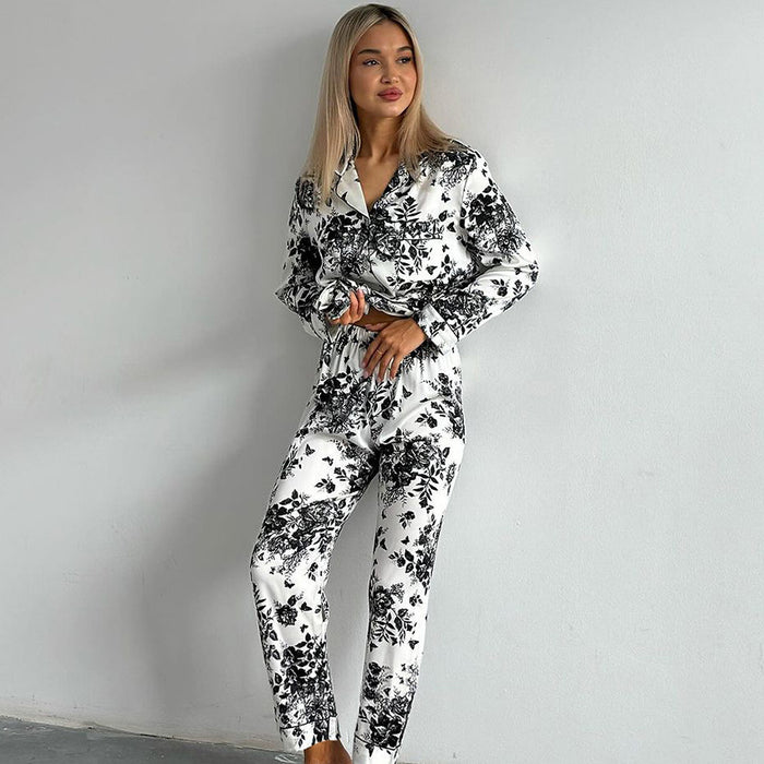 Satin Ink Painting Printed Homewear Women High Grade Ice Feeling Breathable Long Sleeves Trousers Pajamas Women-Fancey Boutique