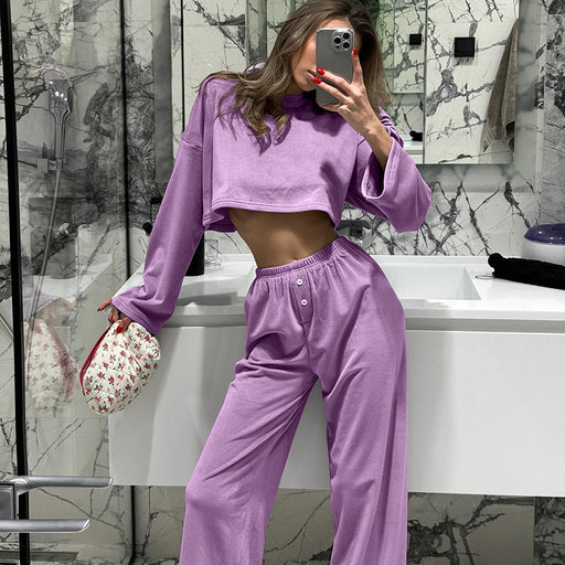 Autumn Velvet Warm Purple Long Sleeve Trousers Soft Knitted Pajamas Women Home Wear-Fancey Boutique