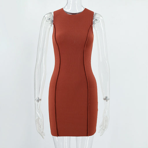 Color-Brown-Summer Women Round Neck Sleeveless Solid Color Slim Sheath Dress-Fancey Boutique
