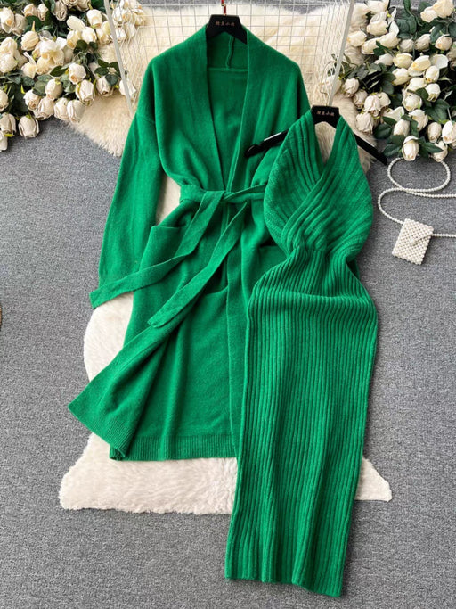 Color-Green-Autumn Winter Solid Color Elegant High Grade Cardigan Slim Fit Halter Dress Knitting Suit-Fancey Boutique