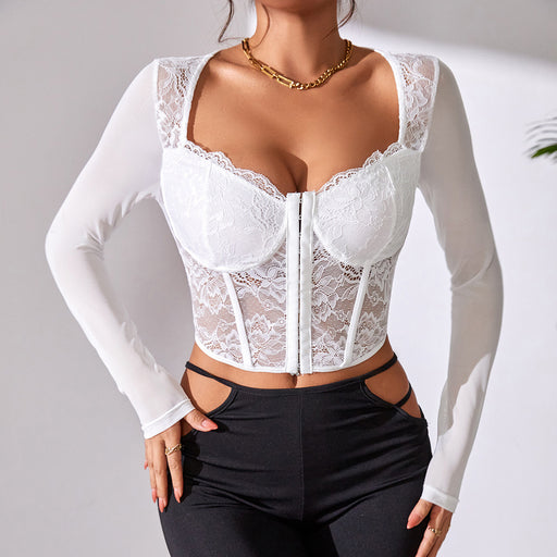 Color-White-Sexy Lace Perspective Mesh Breasted Boning Corset Corset V-neck Sexy Top for Women-Fancey Boutique