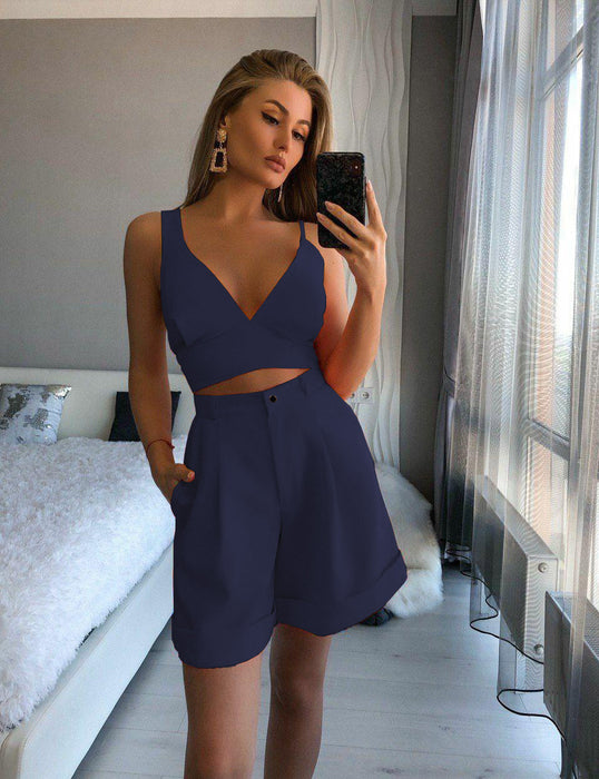 Color-Purplish blue-Spring Summer Women Solid Color Two Piece Tube Top High Waist Shorts Sets-Fancey Boutique