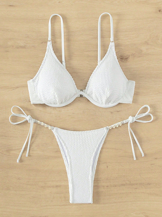 Color-White-Swimwear Solid Color Shell Bikini Lace Up Sexy Bikini Women Fresh Split Swimsuit-Fancey Boutique