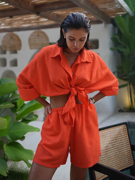 Shirt Outfit Summer Women Vacation Casual Loose Long Sleeved Shirt Shorts Suit-Orange-Fancey Boutique