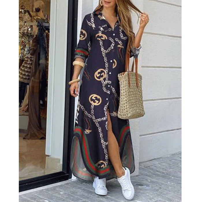 Color-Dark Blue Chain-Women Clothing Spring Summer Printed Sexy Shirt Dress-Fancey Boutique