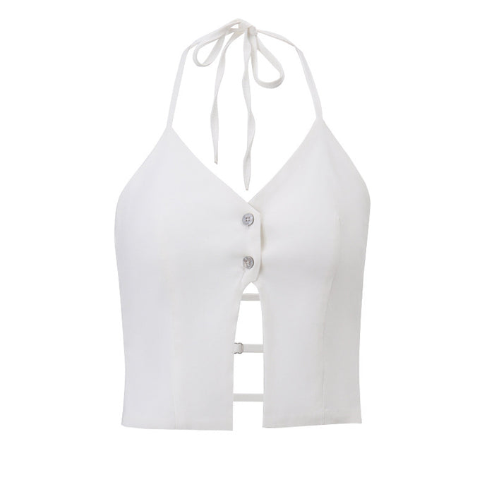 Women Clothing Spring Arrival Sexy Cropped Hollow Out Cutout Halter Short Camisole-White-Fancey Boutique