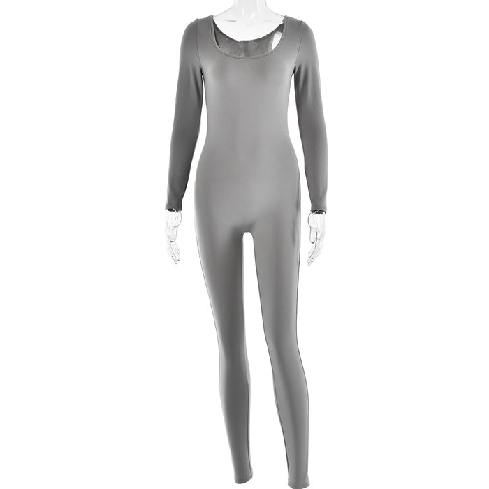Color-Light Gray-Sexy Soft High Elastic Long Sleeve Tights U Collar Stitching Trousers Jumpsuit-Fancey Boutique
