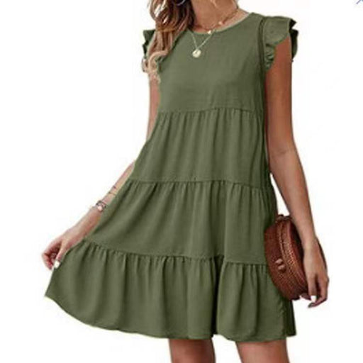 Color-Green-Summer Solid Color round Neck Short Sleeves Dress Casual Tiered Dress Pleated Large Swing Dress-Fancey Boutique