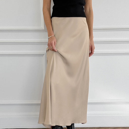 Imitation Acetate Satin Khaki A Swing High Waist Casual Skirt Autumn Long Skirt for Women-Fancey Boutique