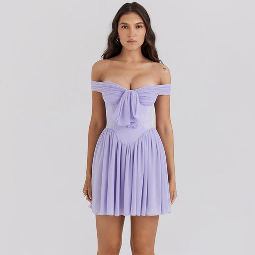 Women Clothing Sexy Dress Sexy Sexy Off Shoulder Mesh Tube Top Dress Women Purple Short Dress-Violet-Fancey Boutique