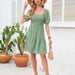 Color-Green-Square Collar Pleating Cute Mini Dress Summer Fur Ball Dress-Fancey Boutique