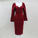 Color-Wine Red-Women Clothing Square Collar Puff Sleeve Skinny Slimming Sheath Dress-Fancey Boutique