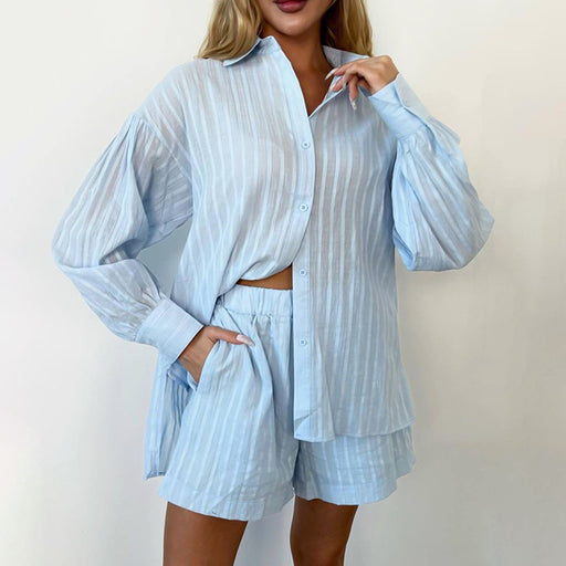 Color-Blue-Summer Women Clothing Shirt Jacquard Striped Puff Sleeve Shorts Office Design Casual Set-Fancey Boutique