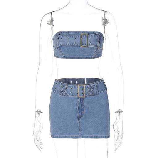 Color-Blue-Women Clothing Summer Sexy Denim Bandeau Slim Fit Skirt Set-Fancey Boutique