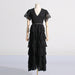 French Vintage Court Spring Flying Sleeves Hollow Out Cutout Lace Design Long Tiered Dress Women-Black-Fancey Boutique