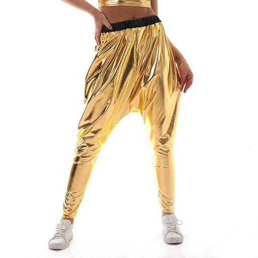 Color-Gold-Metallic Coated Fabric Saggy Pants Street Harem Pants Loose All Match Baggy Pants-Fancey Boutique