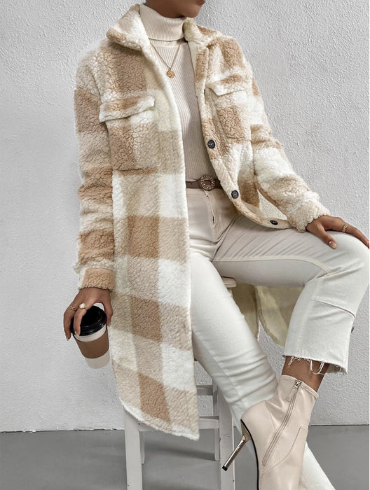 Color-Apricot White Plaid-Autumn Winter Open Buckle Collared Plush Plaid Coat Loose Office Long Cut Coat Women-Fancey Boutique