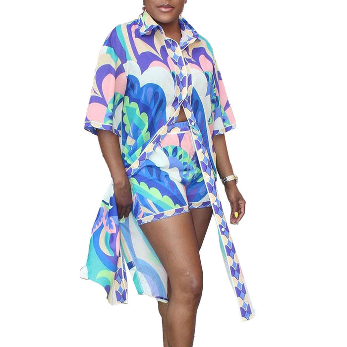 Color-Blue-Casual Printed Long Shirt Shorts Suit Two Piece Set-Fancey Boutique