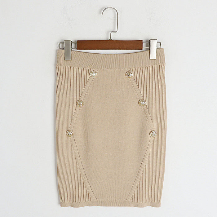 Color-Coffee Skirt-Round Neck Metal Buckle Set Early Autumn Winter French Faux Pocket Stand Collar Jacket with Skirt Knitted Two Piece-Fancey Boutique