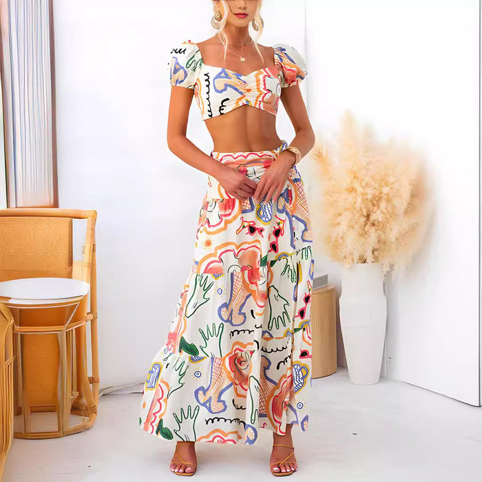 Summer Printed Top Wrapped Chest Skirt Two Piece Suit-Fancey Boutique