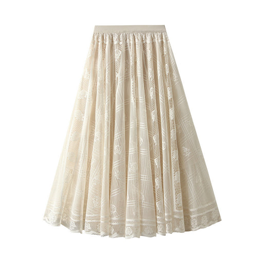 Color-Apricot-Lace Skirt Women Spring Draping Effect Slimming A Line Skirt Pleated Mesh Long Skirt-Fancey Boutique