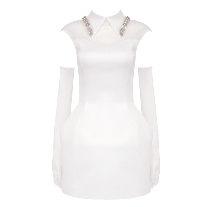 Autumn Winter Elegant Pure White Satin Mesh Dress Slim Gloves Pettiskirt Women Clothing-White-Fancey Boutique