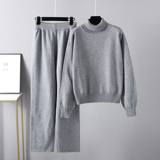 Color-Gray-High Collar Suit Autumn Winter Solid Color All Matching Outer Wear Knitted Top Casual Pants Two Piece Set-Fancey Boutique