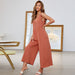 Color-Brick Red-Summer V neck Casual Wide Leg Solid Color Long Jumpsuit-Fancey Boutique