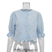 Women Embroidery Short Shirt Flared Sleeves Cropped Exposed Shirt Top-Blue-Fancey Boutique