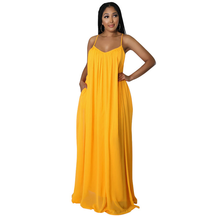 Color-Yellow-Women Chiffon Solid Color Casual Backless Cami Dress-Fancey Boutique