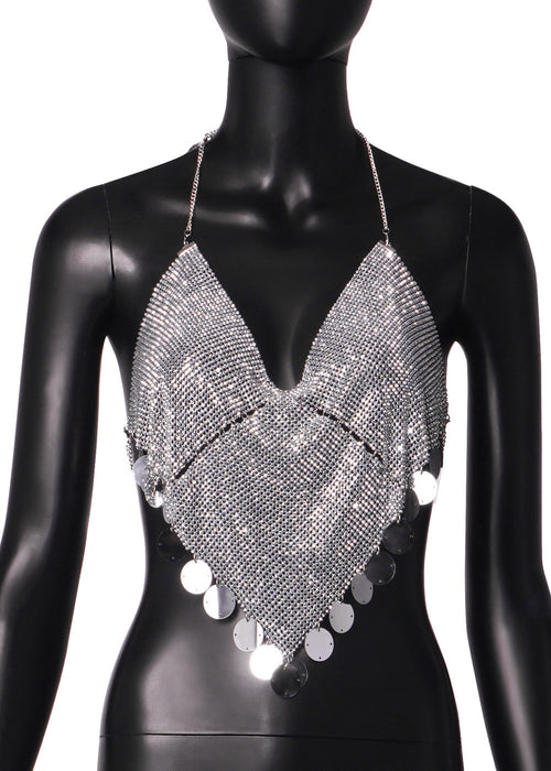 Color-Silver-Women Clothing Nightclub Sexy Low Cut Backless Halter Rhinestone Stitching Triangle Vest Women-Fancey Boutique