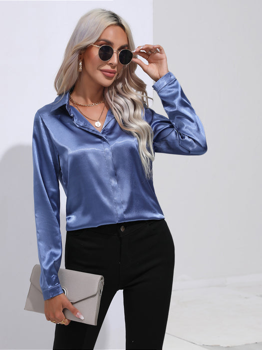 Color-Blue-One Button Satin Shirt Women Shirt Long Sleeve Shirt Spring Summer Women Clothing-Fancey Boutique