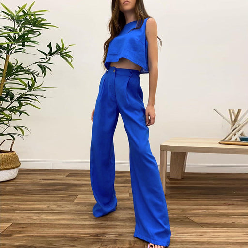 Color-Blue-Summer Solid Color Sleeveless Green Top Bell-Bottom Pants Suit Commuting Fashion Women Clothing-Fancey Boutique