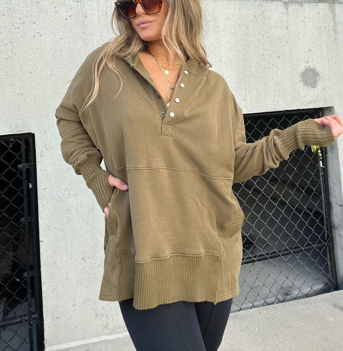 Color-Deep Khaki-Ladies Autumn Winter Sweater Cotton Oversized Solid Color Rib Fabric Patchwork Hoodie-Fancey Boutique