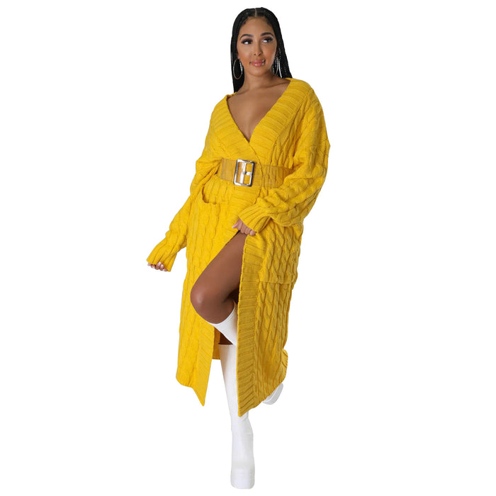 Color-Yellow-Autumn Winter Women Clothing Sexy Casual Long Sleeve Long Sweater Coat-Fancey Boutique