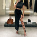 Summer Women Clothing Basic Side Slit Cross Strap Short Sleeve Mid Length Skirt Set-Black-Fancey Boutique
