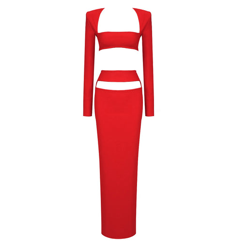 Color-Red-Suit Autumn Casual High End Two Piece Set Cropped Outfit Long Sleeve Stretch Dress Women Clothing Bandage Dress-Fancey Boutique