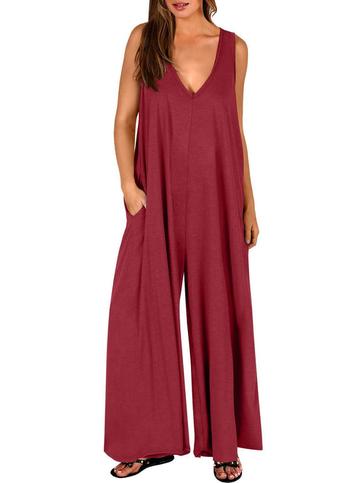 Summer Fresh Casual Women Pocket Jumpsuit Thin Women Jumpsuit-Burgundy-Fancey Boutique