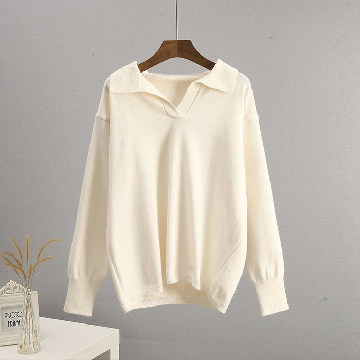 Autumn Winter Polo Collar Knitted Women Sweater Women-White Coat-Fancey Boutique