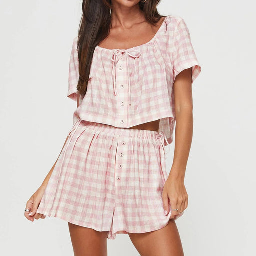 Summer Short Sleeve Pink Plaid Bow Lace up Top Shorts Sweet Casual Set-Fancey Boutique