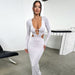 Color-White-Autumn Winter V neck Long Sleeve Dress Sexy Hollow Out Cutout Sheath Slim Fit Maxi Dress-Fancey Boutique