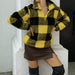Color-Yellow Black Color Matching-Ladies Long Sleeve Pullover Plaid Printed Round Neck Plush Regular Plush Pullover Sweater-Fancey Boutique