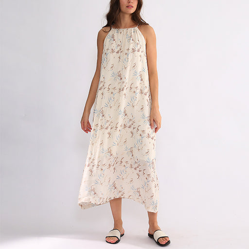 Color-Beige printing-Cotton Linen Dress off Shoulder Halter French Loose Niche Mid Length Pure Linen Cotton Camisole Dress-Fancey Boutique