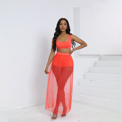 Color-nacarat-Sexy Women Clothing Vest Skirt Shorts Three Piece Beach See through Pleated Mesh Skirt Set-Fancey Boutique