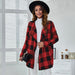 Color-Red-Autumn Winter Pocket Loose Casual Plaid Printed Coat-Fancey Boutique