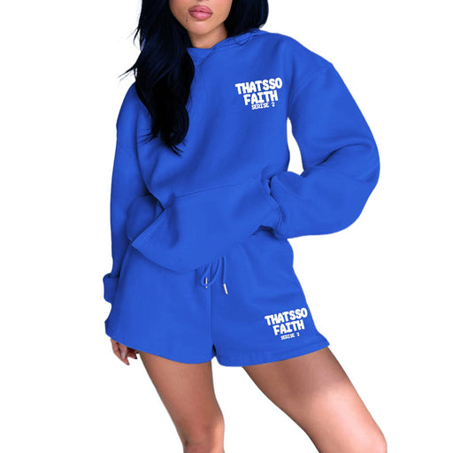 Color-Blue-Autumn Winter Solid Color Letter Graphic Print Sweatshirt Women Loose Shorts Set-Fancey Boutique